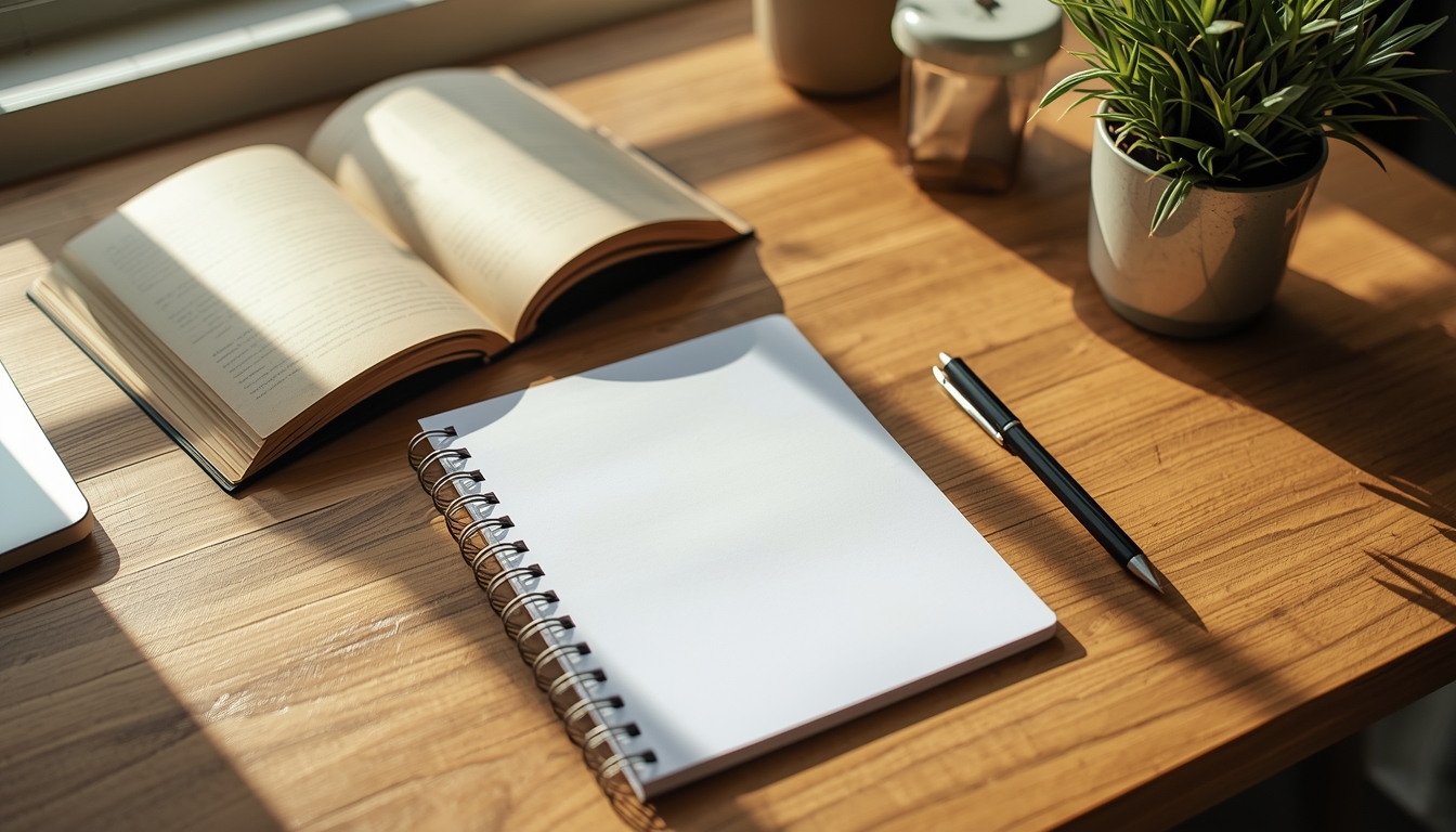 Sunlit desk with notebook symbolizing calm planning with Flowganize on Xluzarinflox